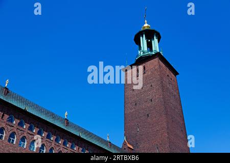 Stockholm, Sweden - May 24, 2023: City Hall three crowns seen from below Stock Photo