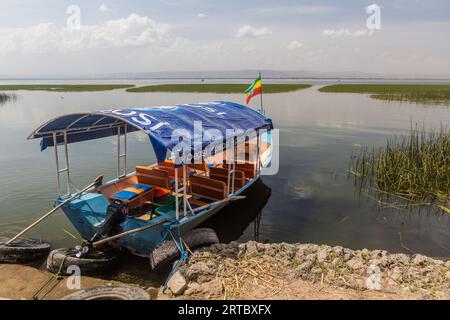 HAWASSA, ETHIOPIA - JANUARY 26, 2020: Small boat at Awassa lake in Hawassa, Ethiopia Stock Photo