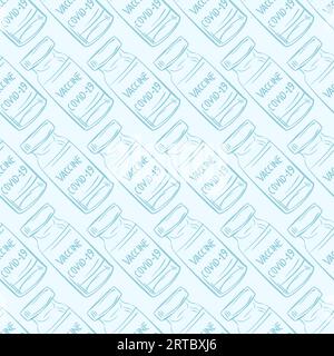 Bottle of vaccine for covid-19 coronavirus seamless pattern. Corona virus infection novel virus disease blue diagonal background, Vaccine, vaccination Stock Vector