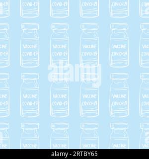 Bottles of vaccine for covid-19 coronavirus seamless pattern. Corona virus infection novel virus disease blue background, Vaccine, vaccination, inject Stock Vector