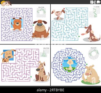 https://l450v.alamy.com/450v/2rtbybe/cartoon-illustration-of-educational-maze-puzzle-activities-set-with-dogs-and-puppies-animals-characters-2rtbybe.jpg