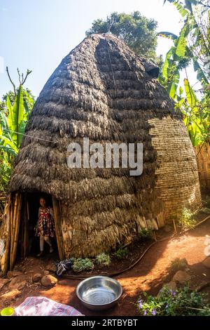 DORZE, ETHIOPIA - JANUARY 30, 2020: Traditional Dorze hut woven out of bamboo, Ethiopia Stock Photo