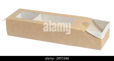 Empty brown rectangular cardboard box with a transparent lid on a white isolated background Stock Photo