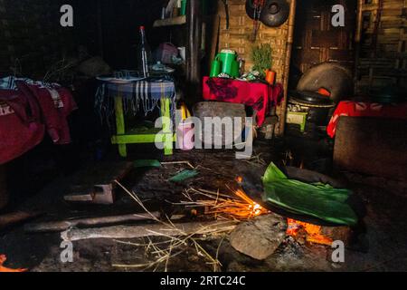 DORZE, ETHIOPIA - JANUARY 30, 2020: Interior of a traditional Dorze hut woven out of bamboo, Ethiopia Stock Photo