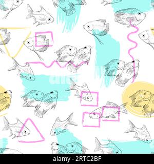 Seamless vector pattern made of tropical fish sketched on abstract colorful background, Hand drawn continuous illustration Stock Vector