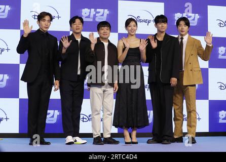 Seoul, South Korea. 12th Sep, 2023. (L to R) South Korean actors Lee Sang-yi, Kim Hee-won, director Kim Sang-chul, Bae Da-bin, Shin Hyun-seung and Kwon Sang-woo, photo call for the Disney  Film Han River press conference in Seoul, South Korea on September 12, 2023. (Photo by Lee Young-ho/Sipa USA) Credit: Sipa USA/Alamy Live News Stock Photo