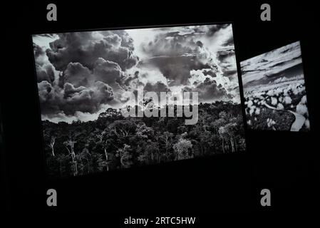 View of some of the images exhibited by photographer Sebastião Salgado in his new exhibition project Amazônia, at the Teatro Fernán Gómez in Madrid, September 12, 2023 Spain (Photo by Oscar Gonzalez/Sipa USA) (Photo by Oscar Gonzalez/Sipa USA) Stock Photo