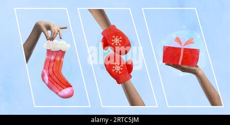 Poster. Banner. Contemporary art collage. Composite image set of warm socks, winter gloves and present in hand. Concept of Winter mood. Stock Photo