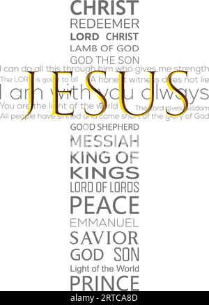 Word Cloud of Jesus Christ Christian Keywords in Cross Shape with the name of Jesus Highlighted in Gold color Stock Vector