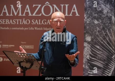 Madrid, Spain. 12th Sep, 2023. Photographer Sebastiao Salgado during the inauguration of the exhibition AMAZONIA in Fernan Gomez Centro Cultural de la Villa of Madrid. Sebastiao Salgado undertook a photographic and human journey for seven years that led him to discover the most remote areas of the Amazon jungle and its inhabitants, showing more than 200 black and white photographs in the exhibition. Credit: Marcos del Mazo/Alamy Live News Stock Photo