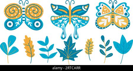 Butterflies and leaves simple hand drawn set. Moths and foliage clip art. Set of elements for design, isolated vector illustration Stock Vector