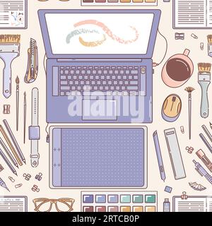 Workspace seamless pattern. Desktop of an artist or designer, laptop, Paints and brushes, notebook, mug, graphic tablet, flash drive, glasses. Doodle Stock Vector