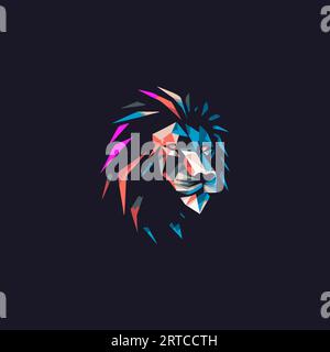 Colorful polygonal lion head mascot logo, abstract geometric animal king portrait in modern futuristic style with luminous colors. Versatile brand Stock Vector