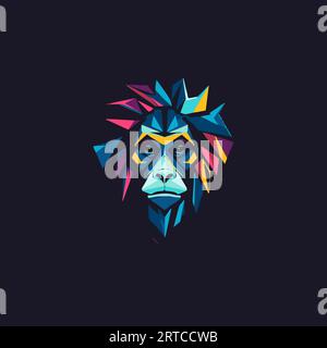 Colorful polygonal monkey head mascot logo, abstract geometric chimpanzee portrait in modern futuristic style with luminous colors. Versatile brand Stock Vector