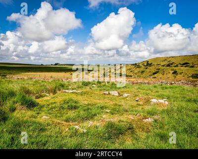 Prehistoric hut circle on Bodmin Moor, Cornwall, near Rough Tor. Stock Photo