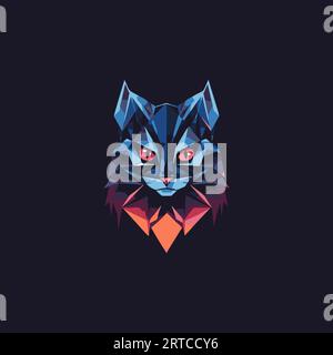 Colorful polygonal cat head mascot logo, abstract geometric kitty portrait in modern futuristic style with luminous colors. Versatile brand symbol for Stock Vector