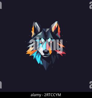 Colorful polygonal wolf head mascot logo, abstract geometric animal portrait in modern futuristic style with luminous colors. Versatile brand symbol Stock Vector