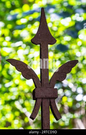 An old rusted wrought iron gate decoration now laced with cobwebs, against a blurred green background. Stock Photo