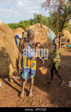 OMO VALLEY, ETHIOPIA - FEBRUARY 6, 2020: Members of Mursi tribe in their village, Ethiopia Stock Photo