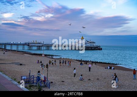 Beach and seaside resort of Eastbourne at dusk, England, UK, Europe Stock Photo