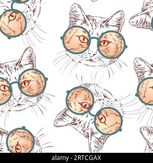 Seamless vector pattern with sketch of cat wearing orange round glasses, isolated head on white background Stock Vector