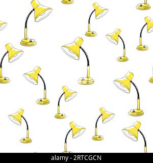 Seamless vector pattern with hand drawn yellow retro table lamp on white background Stock Vector