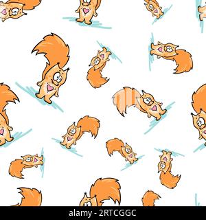 Seamless vector pattern with doodle red fox with heart and fluffy tail on white background Stock Vector