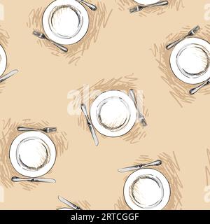 Seamless vector pattern with hand drawn plate, knife and fork on light brown background Stock Vector