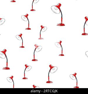 Seamless vector pattern with hand drawn red retro table lamp repeating on white background Stock Vector