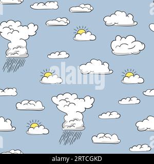 Seamless vector pattern with hand drawn simple clouds in doodle style on blue background, Sky and weather theme Stock Vector