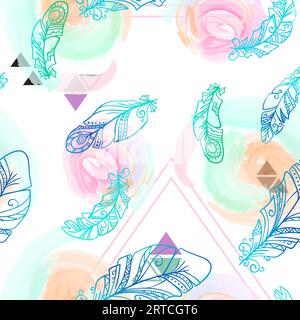 Seamless vector pattern with hand drawn feathers on background of watercolor stains and triangles Stock Vector