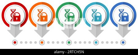 Dna, genetic research vector icon set, flat design infographic template, set pointer concept icons in 5 color options for webdesign and mobile applica Stock Vector