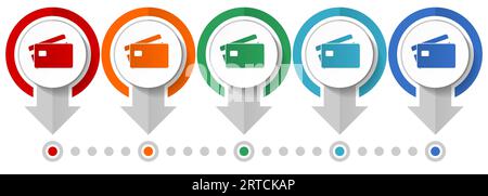 Credit card, bank, finance vector icon set, flat design infographic template, set pointer concept icons in 5 color options for webdesign and mobile ap Stock Vector