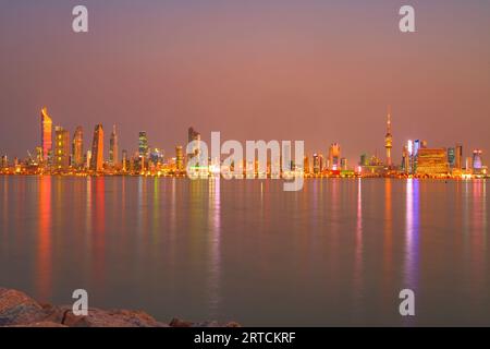 Kuwait Sheikh Jaber Al-Ahmad Al-Sabah Causeway during the evening after sun set. Kuwait Sea Bridge at the evening. Stock Photo