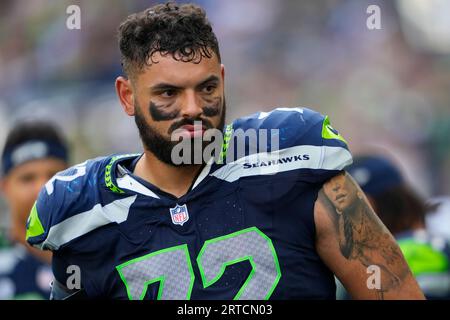 Seattle Seahawks offensive tackle Abraham Lucas (72) walks off the field  during an NFL football game against the Carolina Panthers, Sunday, Dec. 11,  2022, in Seattle, WA. The Panthers defeated the Seahawks