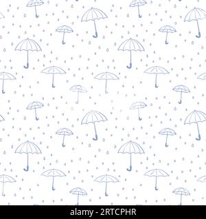 Seamless background of light blue umbrellas and raindrops, Rainy weather concept line art Stock Vector