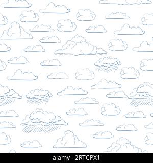 Seamless vector pattern with hand drawn simple clouds blue line art on white background, Sky theme Stock Vector
