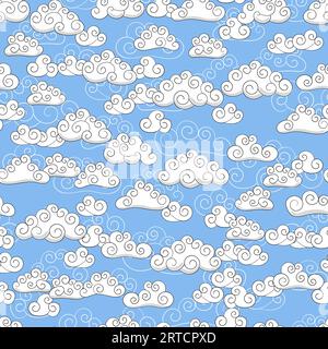 Seamless vector pattern with hand drawn simple clouds in chinese style on blue background Stock Vector