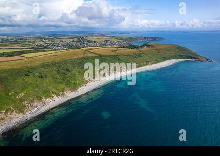 Vault Beach and St Goran seen from the air, Saint Austell, Cornwall, England, United Kingdom, Europe Stock Photo