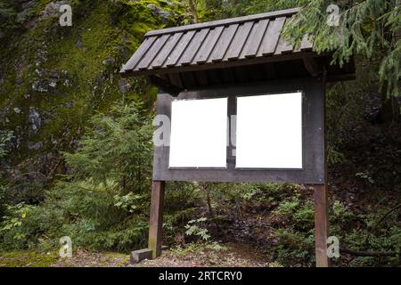 Old wooden billboard with two blank white posters in the woods Stock Photo