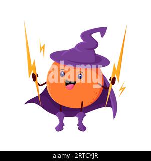 Cartoon orange fruit wizard or magician character. Vector citrus with magic lightning bolts casting spell. Funny smiling sorcerer in purple hat and ca Stock Vector