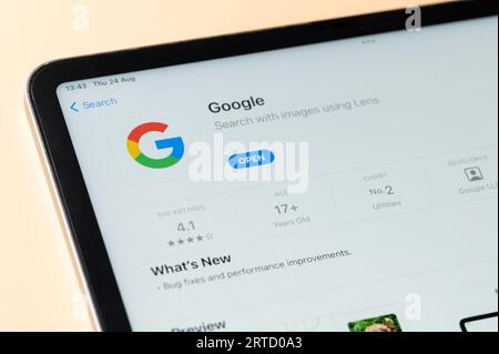 New York, USA - August 24, 2023: Google app in Apple store on ipad tablet screen close up view Stock Photo