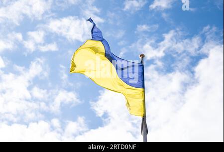 Ukrainian flag waving in the wind on a sunny day Stock Photo