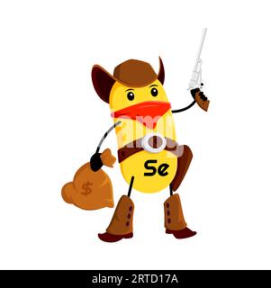 Cartoon selenium ranger micronutrient character. Isolated vector Se ball with gun and stolen money bag. Cowboy vitamin personage, robber wear hat, boo Stock Vector