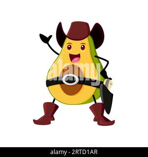 Cartoon avocado vegetable cowboy or sheriff character. Funny vector ranger wear hat, belt and boots. Fresh veggies horseman personage, isolated wild w Stock Vector