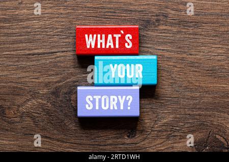 What's your story - word concept on building blocks, text Stock Photo