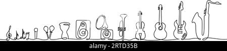 Musical Instruments in line. Silhouettes isolated on white background. Continuous one line drawing. Vector illustration outline art Stock Vector