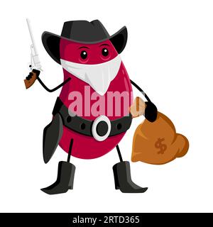 Cartoon bean robber or bandit character. Funny vector red kidney cowboy or ranger with hidden face holding money sack and gun. Isolated fantasy health Stock Vector