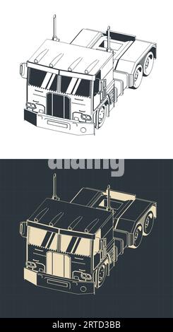 Stylized vector illustration of isometric blueprint of truck tractor Stock Vector