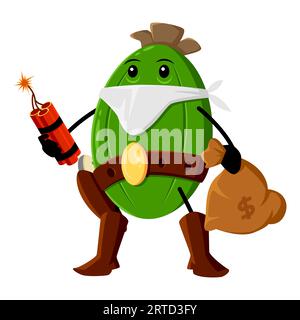 Cartoon feijoa tropical fruit cowboy, robber, bandit and ranger character. Vector wild west hero holding money sack and dynamite with burning fuse. We Stock Vector